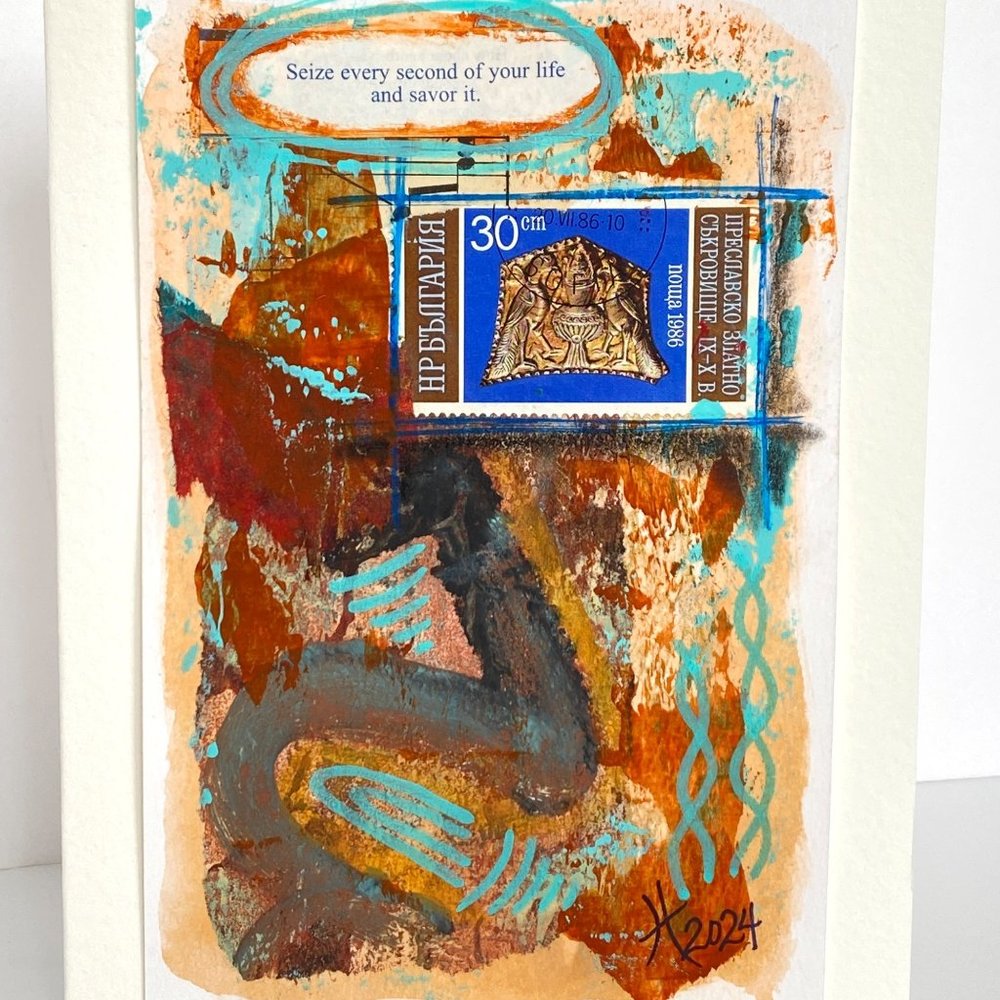 Collage Art Handmade Original Blank Greeting Card and Envelope Vintage Postage